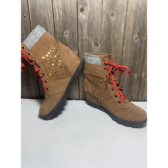 SOREL Lexie Wedge Gold Star Boots Womens / Youth Brown Leather 5 - Picture 6 of 9